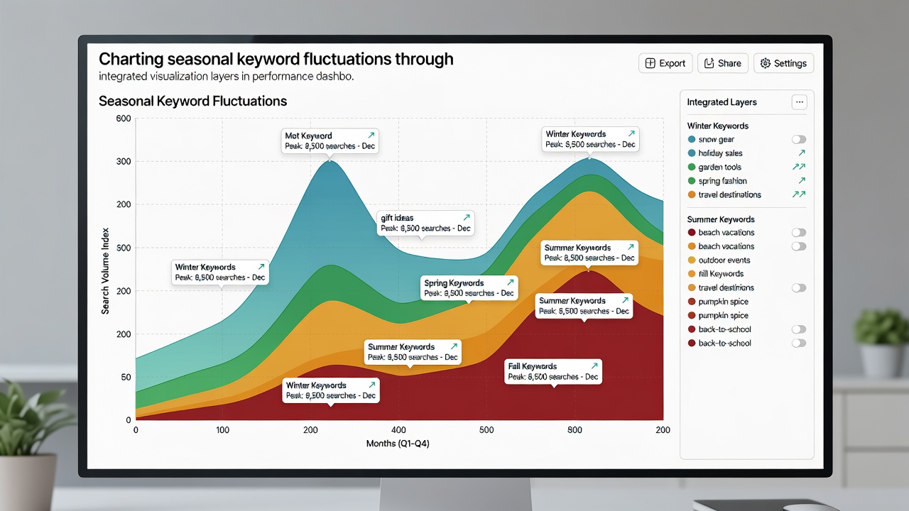 Close-up view of multi-layer performance dashboard showing keyword seasonality with overlaid trend lines and regional comparison panels